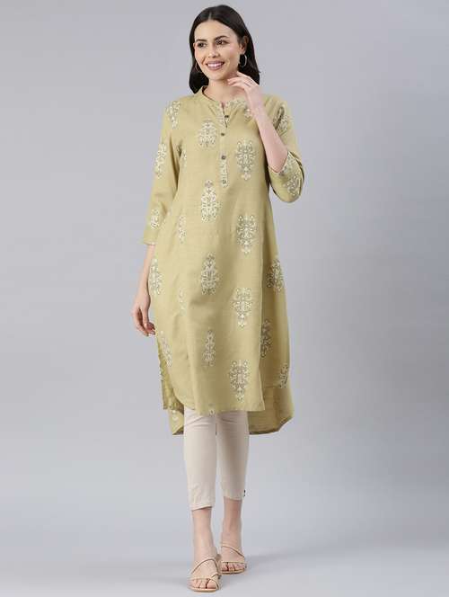 green cotton silk straight kurta - 21682674 - Standard Image - 0