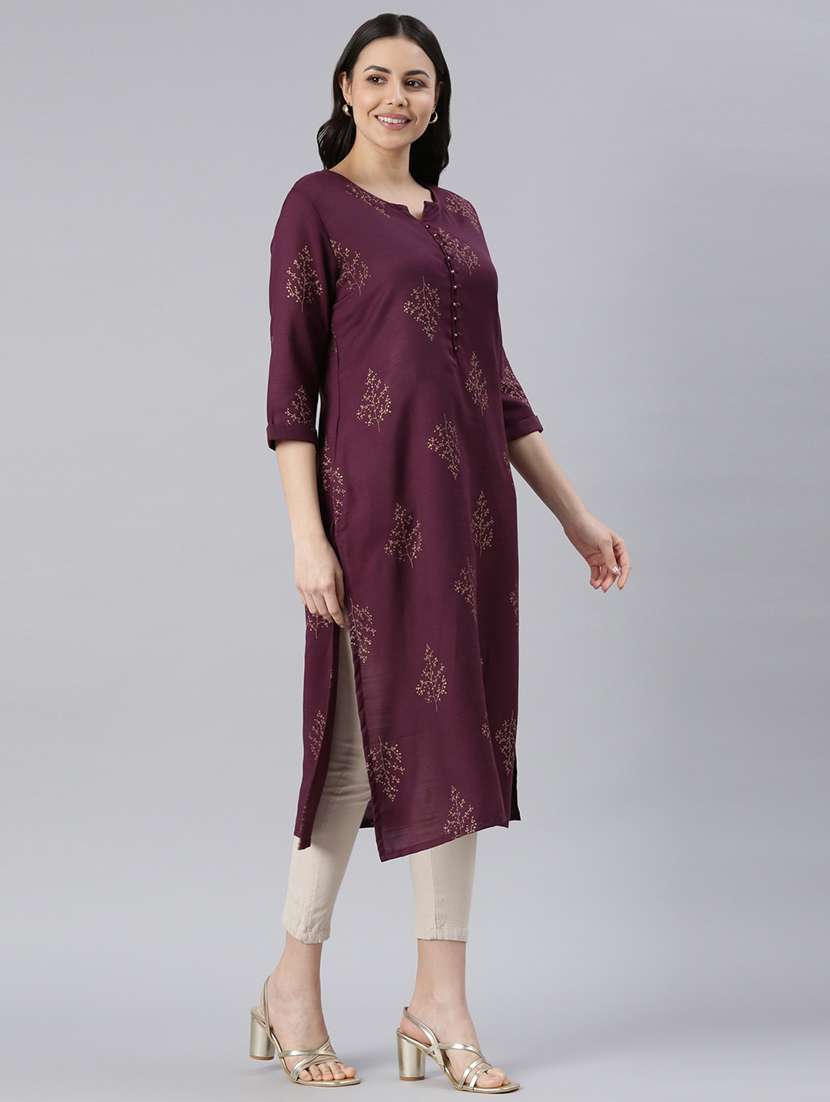 men notch neck foil printed straight kurta - 21682679 - Standard Image - 1