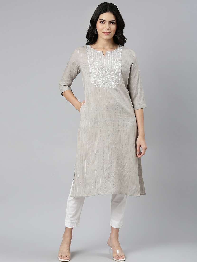 women notch neck embroidered straight kurta - 21682684 - Zoom Image - 0