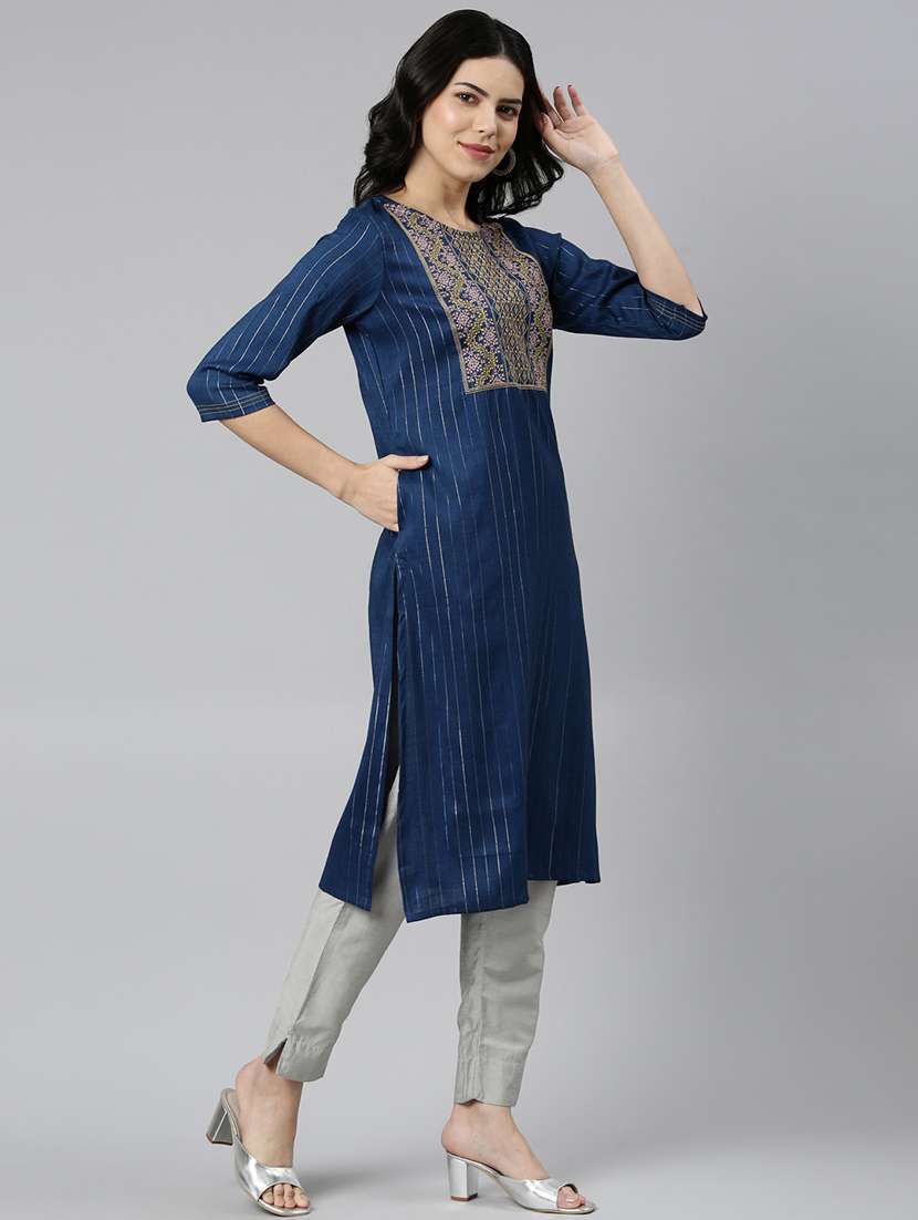 women round neck embroidered straight kurta - 21682685 -  Standard Image - 1