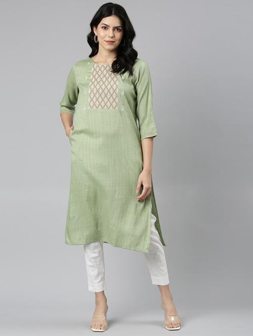 women round neck embroidered straight kurta - 21682686 - Standard Image - 0