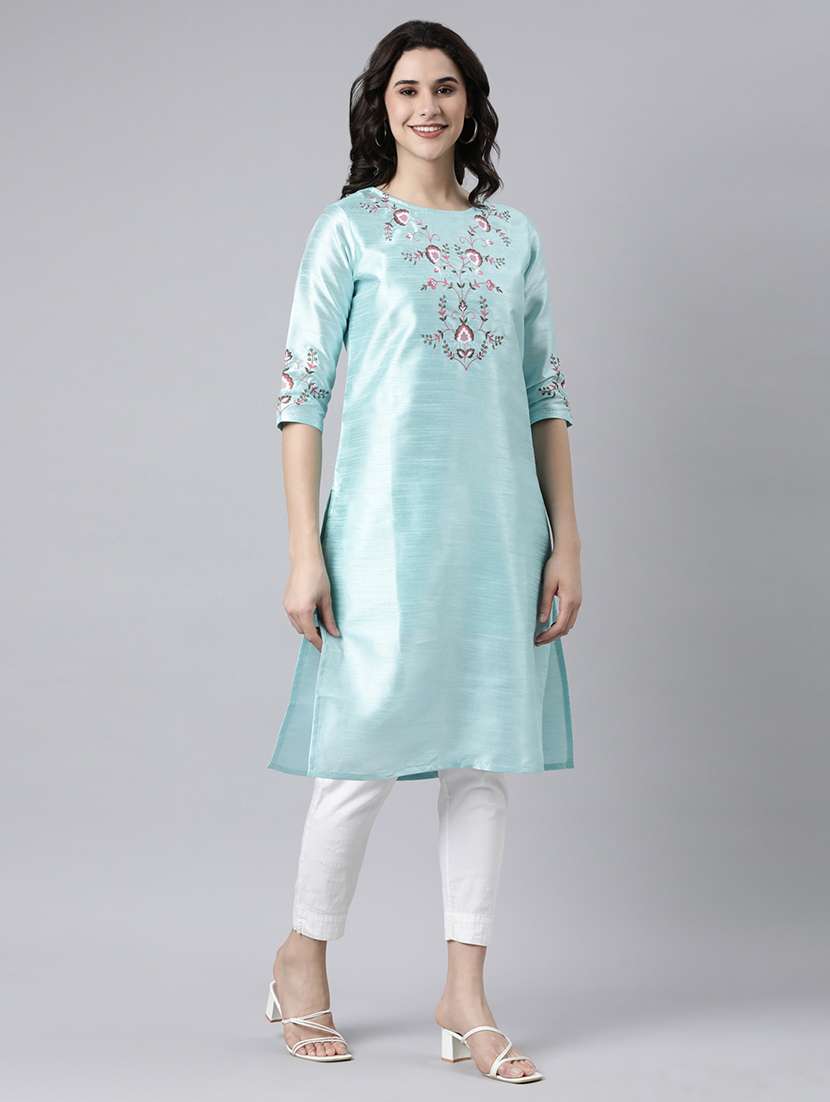 women round neck embroidered straight kurta - 21682704 -  Standard Image - 1