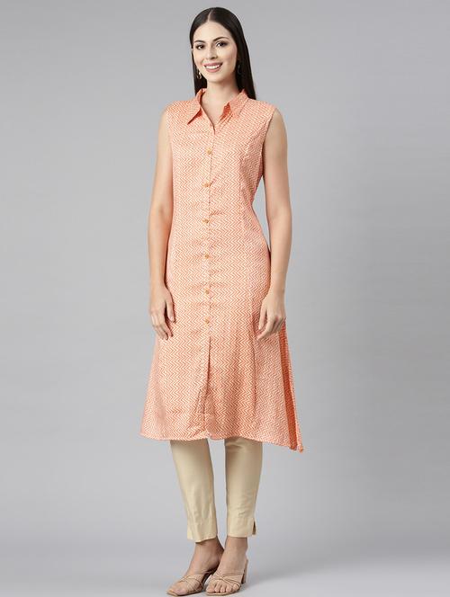 women orange printed side slit kurta - 21682712 -  Standard Image - 0