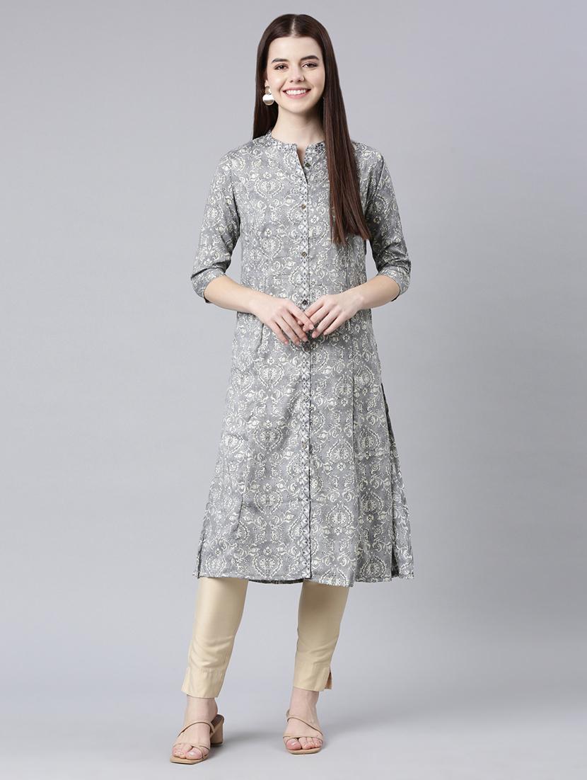 women mandarin neck printed side slit kurta - 21682719 - Zoom Image - 0