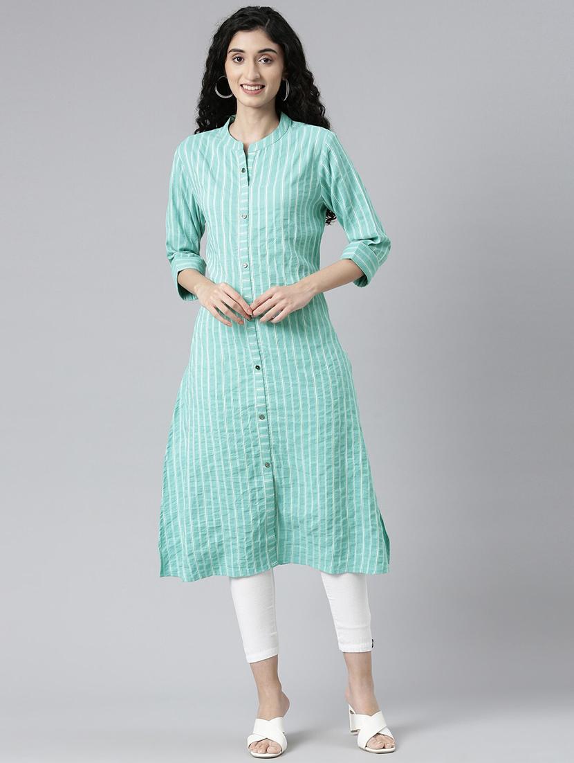 women striped mandarin neck a-line kurta - 21682752 -  Standard Image - 1