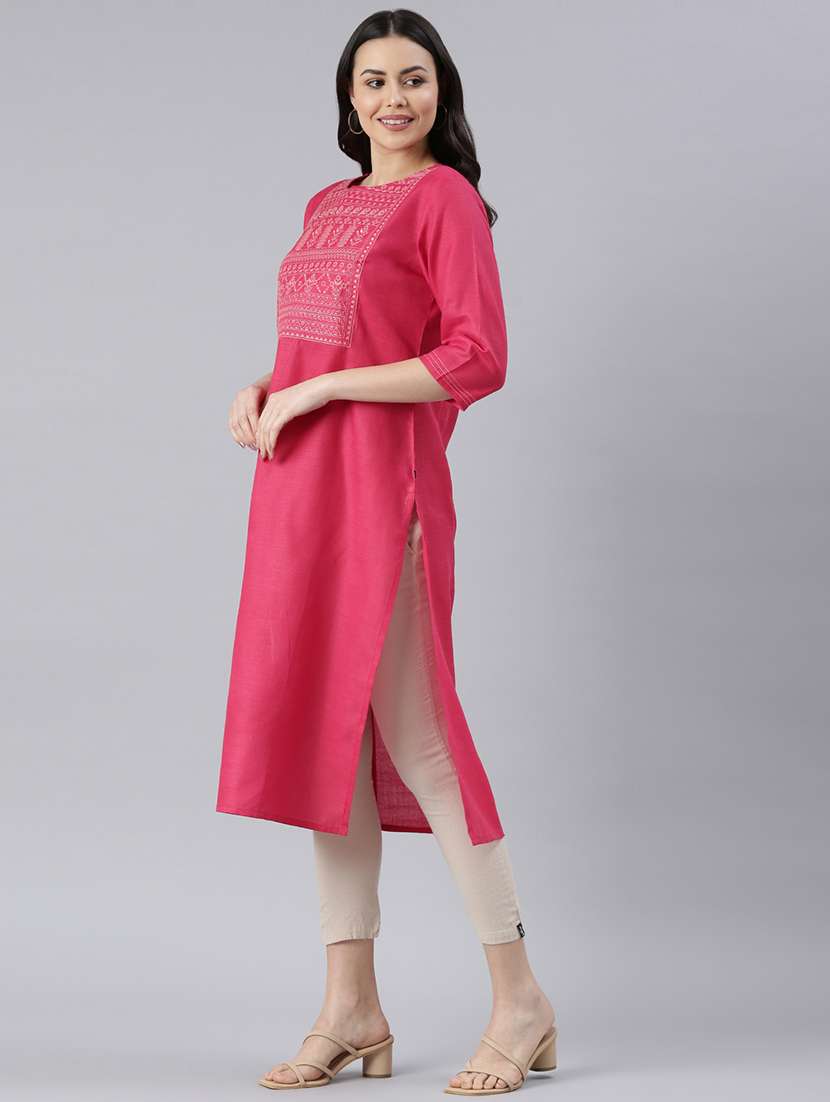 women round neck embroidered straight kurta - 21682766 -  Standard Image - 1