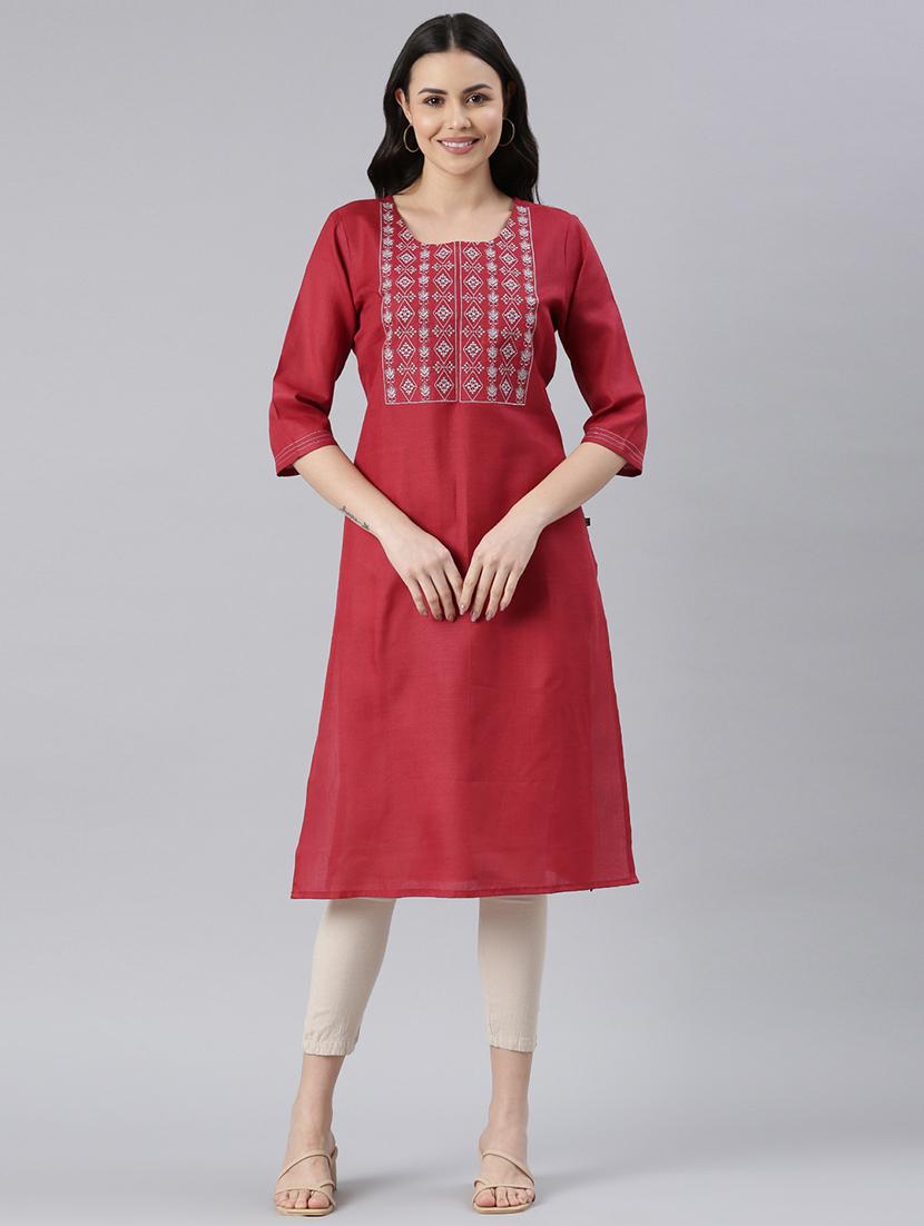 women round neck embroidered straight kurta - 21682767 -  Standard Image - 1