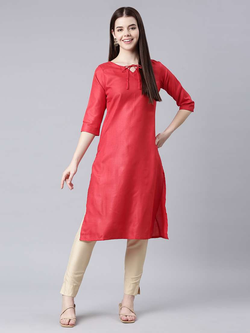 women solid three quarter sleeve straight kurta