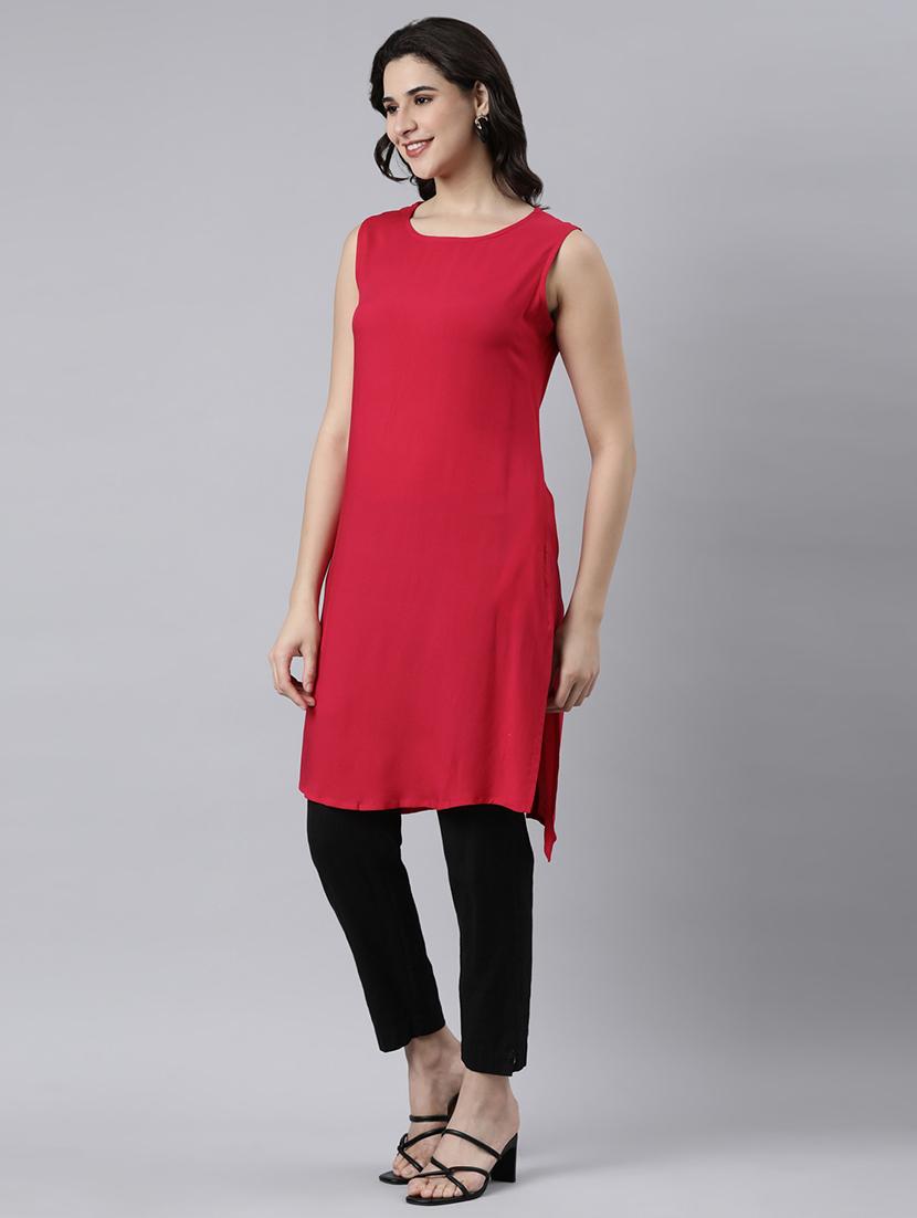 women red solid round neck straight kurta - 21682777 - Standard Image - 1