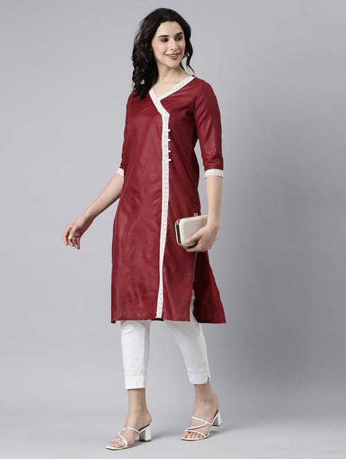 women lace work three quarter sleeve straight kurta - 21682778 - Standard Image - 0