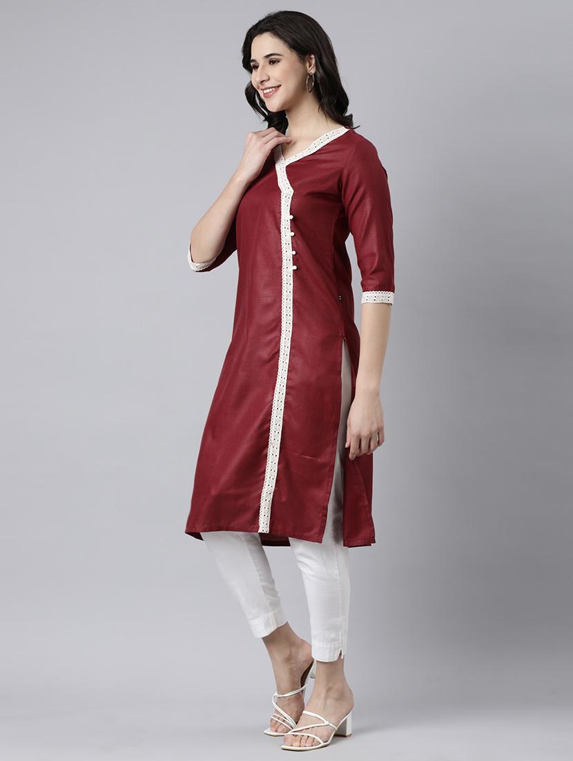 women lace work three quarter sleeve straight kurta - 21682778 - Standard Image - 1