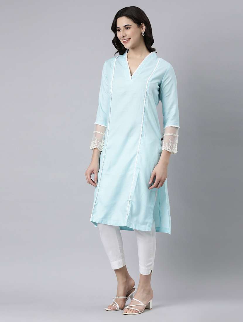 women solid three quarter sleeve straight kurta - 21682779 - Standard Image - 1