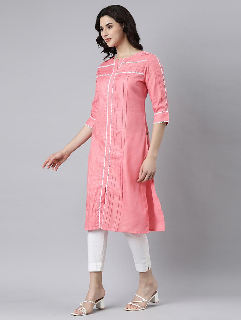 women solid three quarter sleeve straight kurta - 21682780 - Standard Image - 1