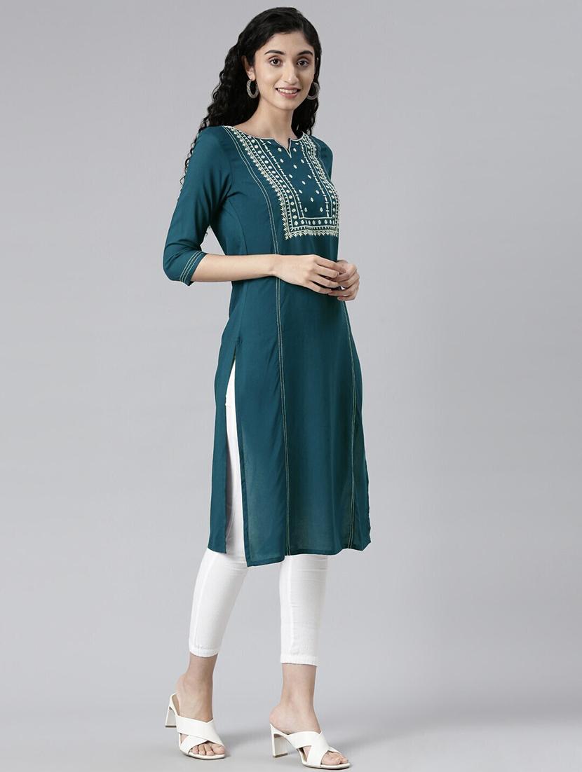 women embroidered three quarter sleeve straight kurta - 21682801 -  Standard Image - 1