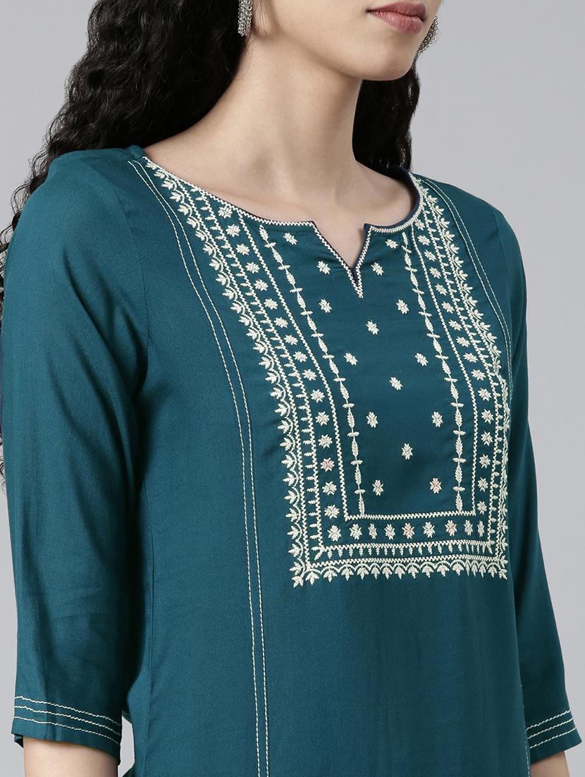 women embroidered three quarter sleeve straight kurta - 21682801 - Standard Image - 4