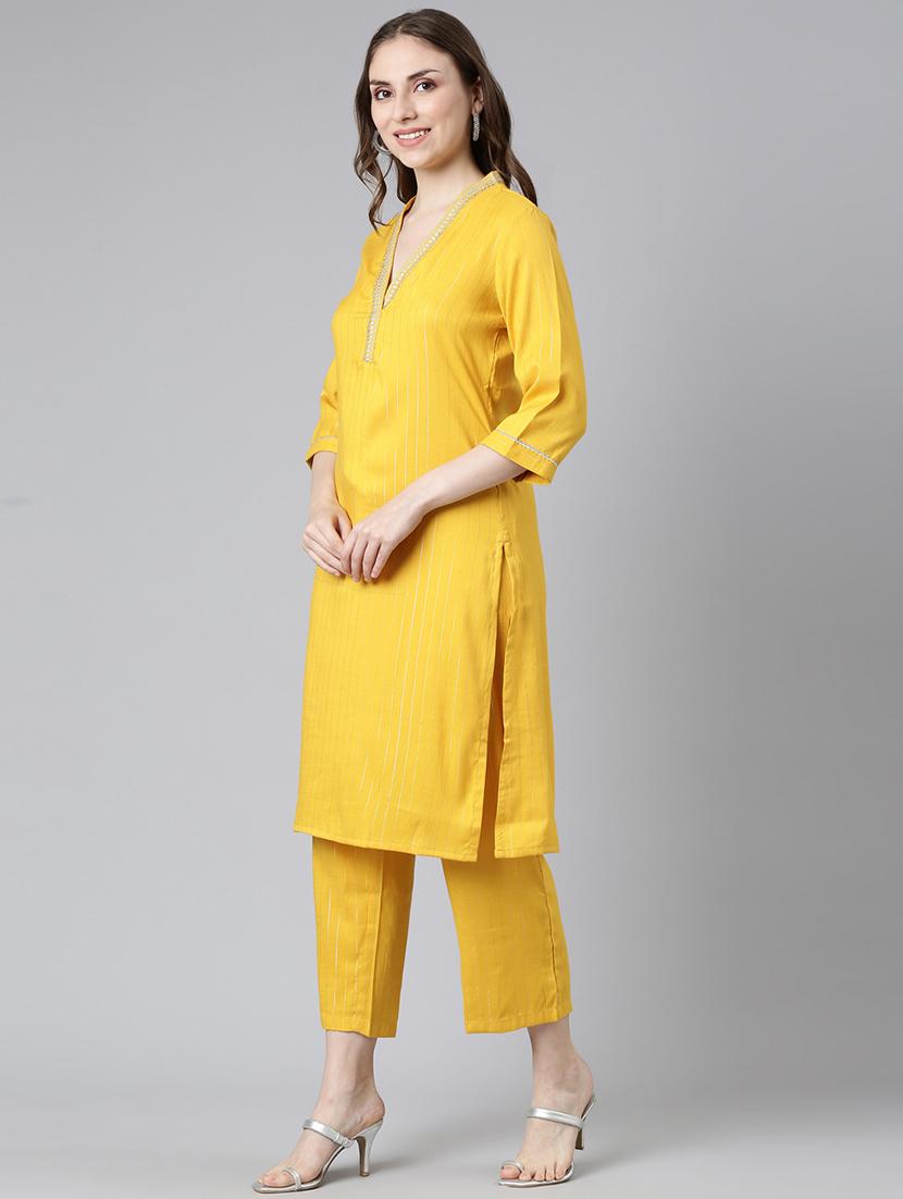 women striped v neck kurta pant set - 21682837 - Standard Image - 1