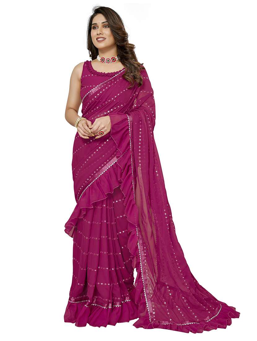 women magenta ruffle saree with blouse