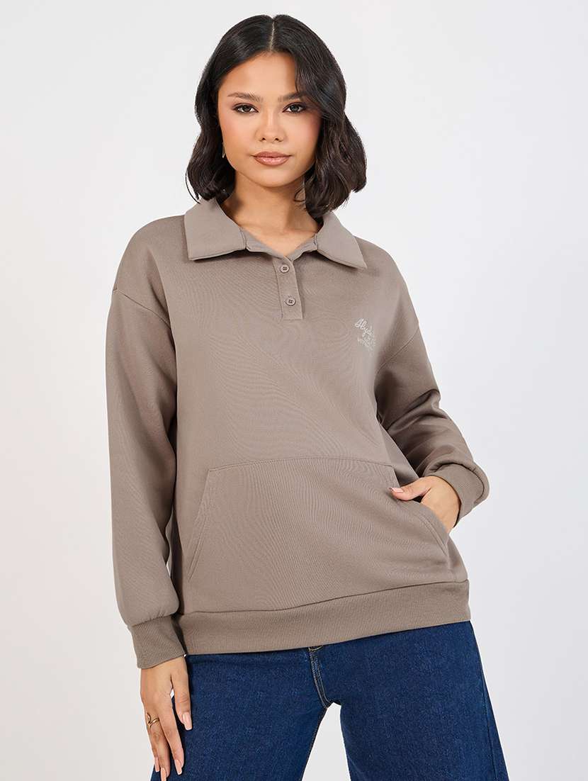 women solid collared long sleeves sweatshirt