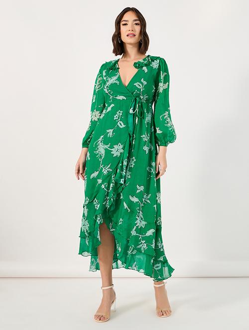 women printed puff sleeves wrap dress - 21683337 -  Standard Image - 0