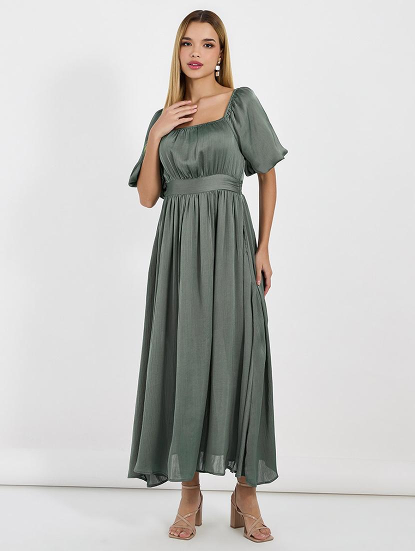 women solid puff sleeves fit & flared dress - 21683338 - Zoom Image - 0