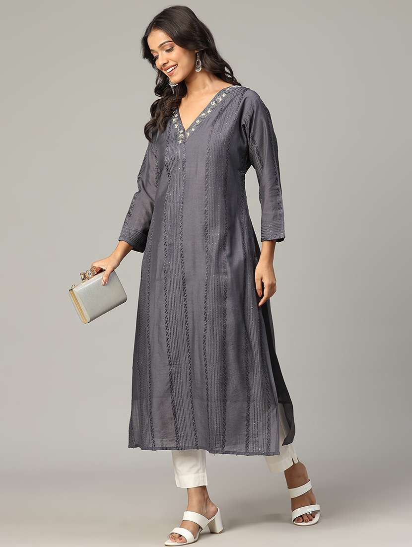 women embroidered sequin work straight kurta