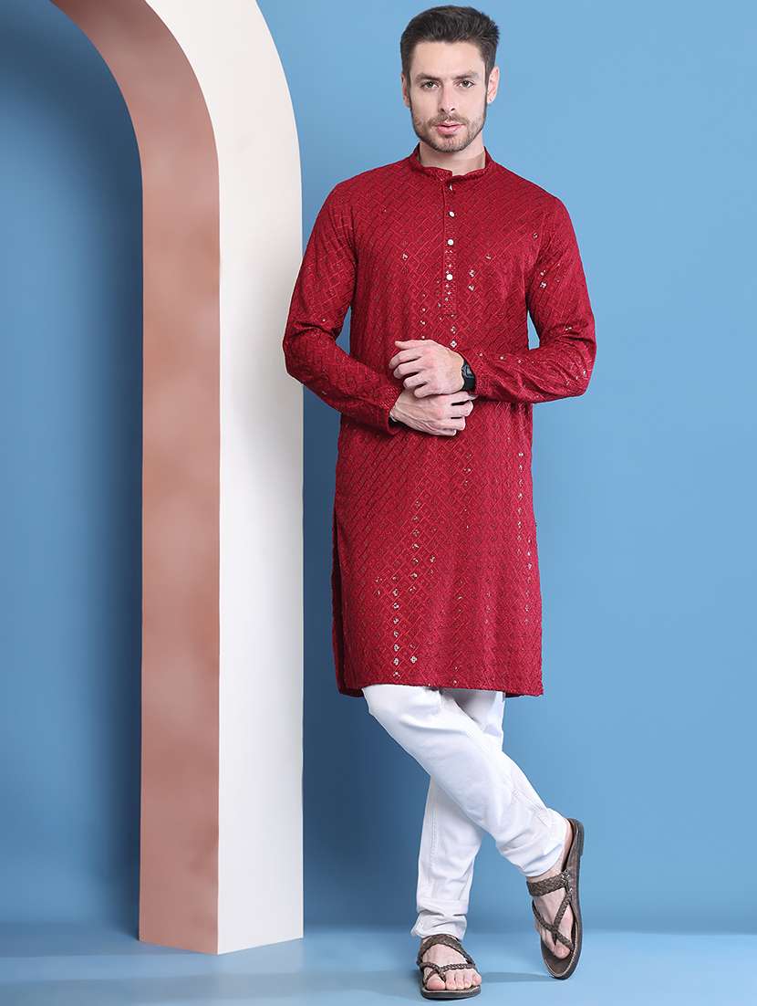 men mandarin neck sequined long kurta