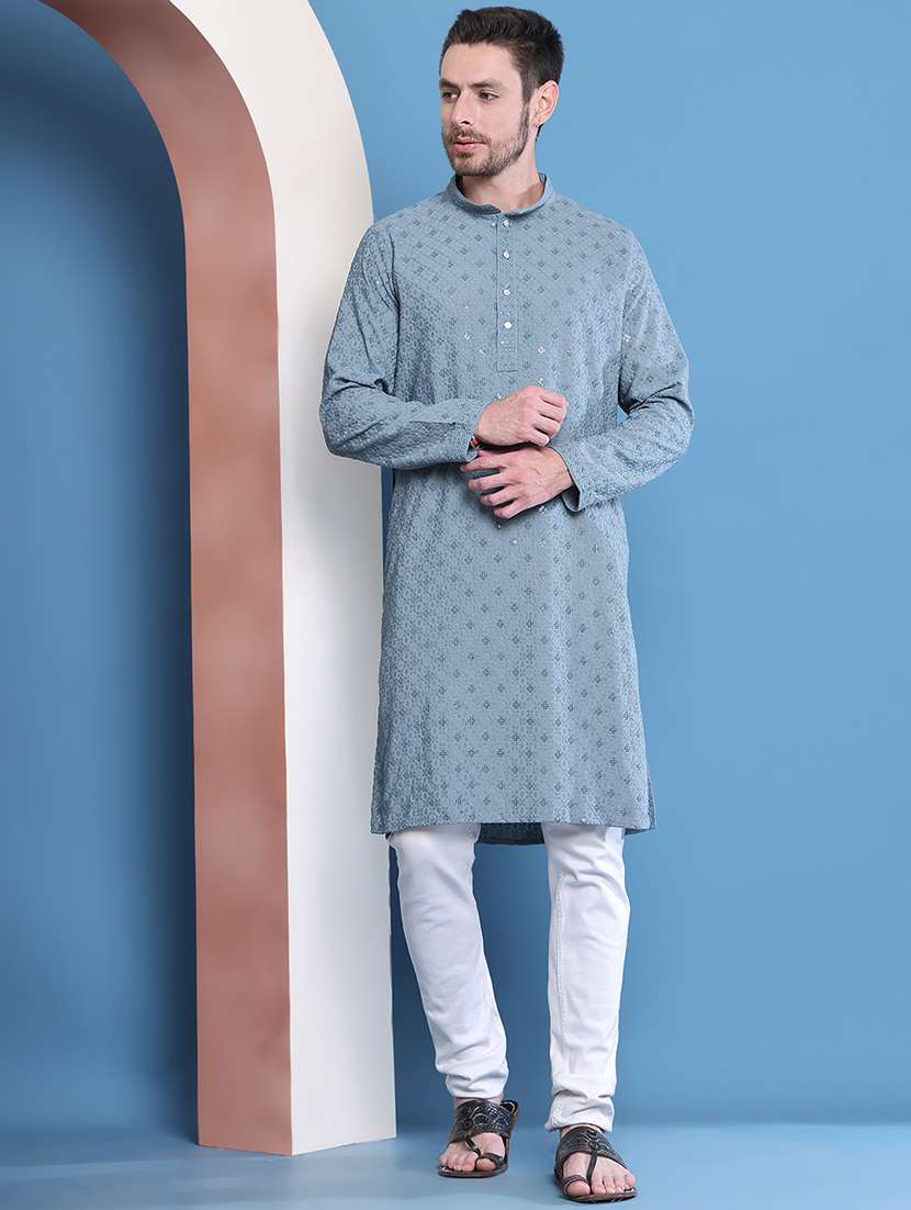 men mandarin neck sequined long kurta
