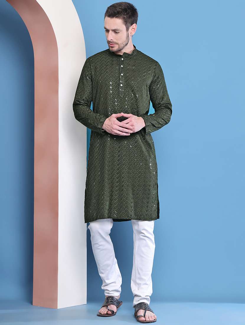 men mandarin neck sequined long kurta