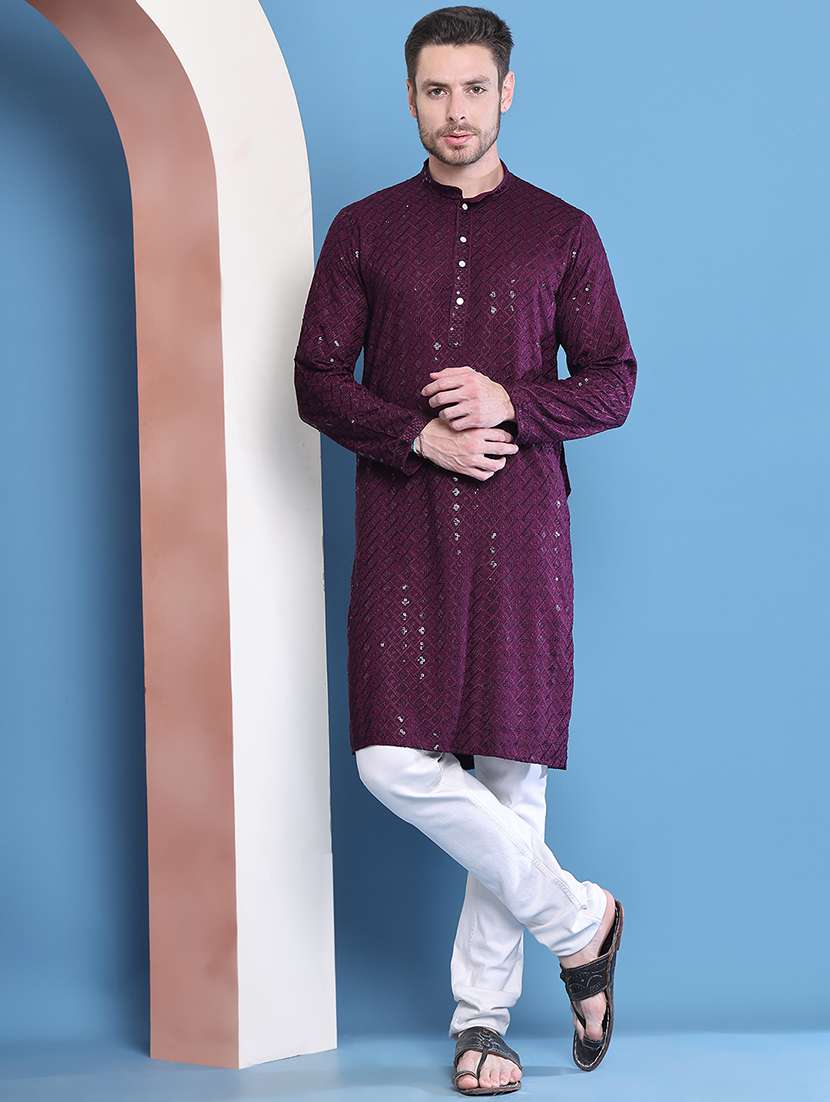 men mandarin neck sequined long kurta