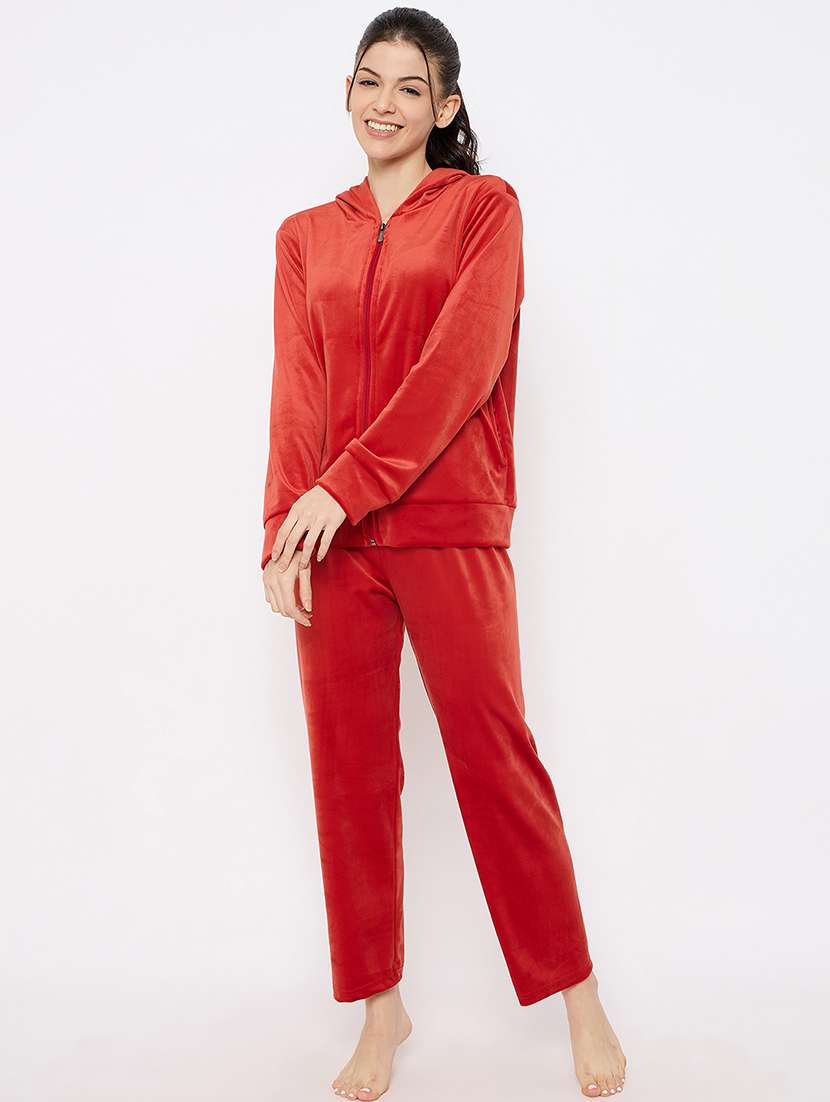 women solid hooded nightwear pyjama set