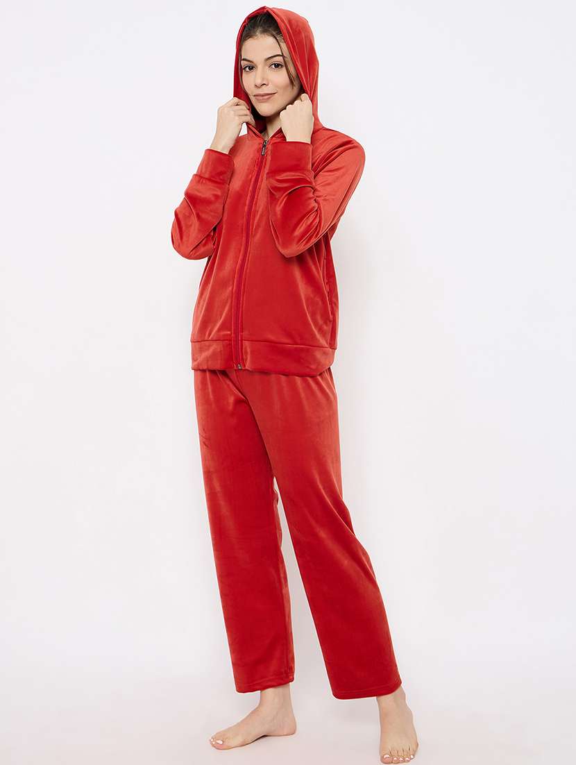 women solid hooded nightwear pyjama set - 21683541 -  Standard Image - 1