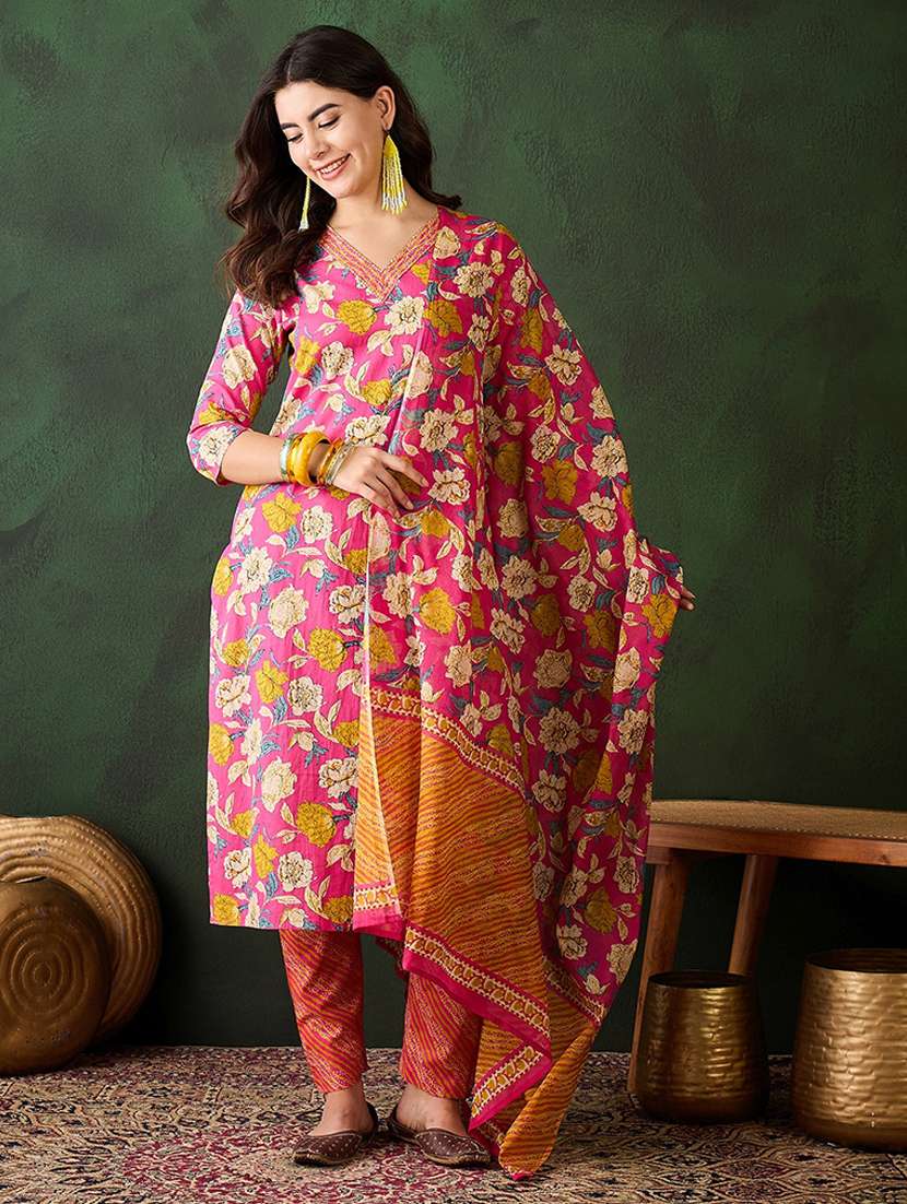 women three quarter sleeve kurta pant with dupatta set