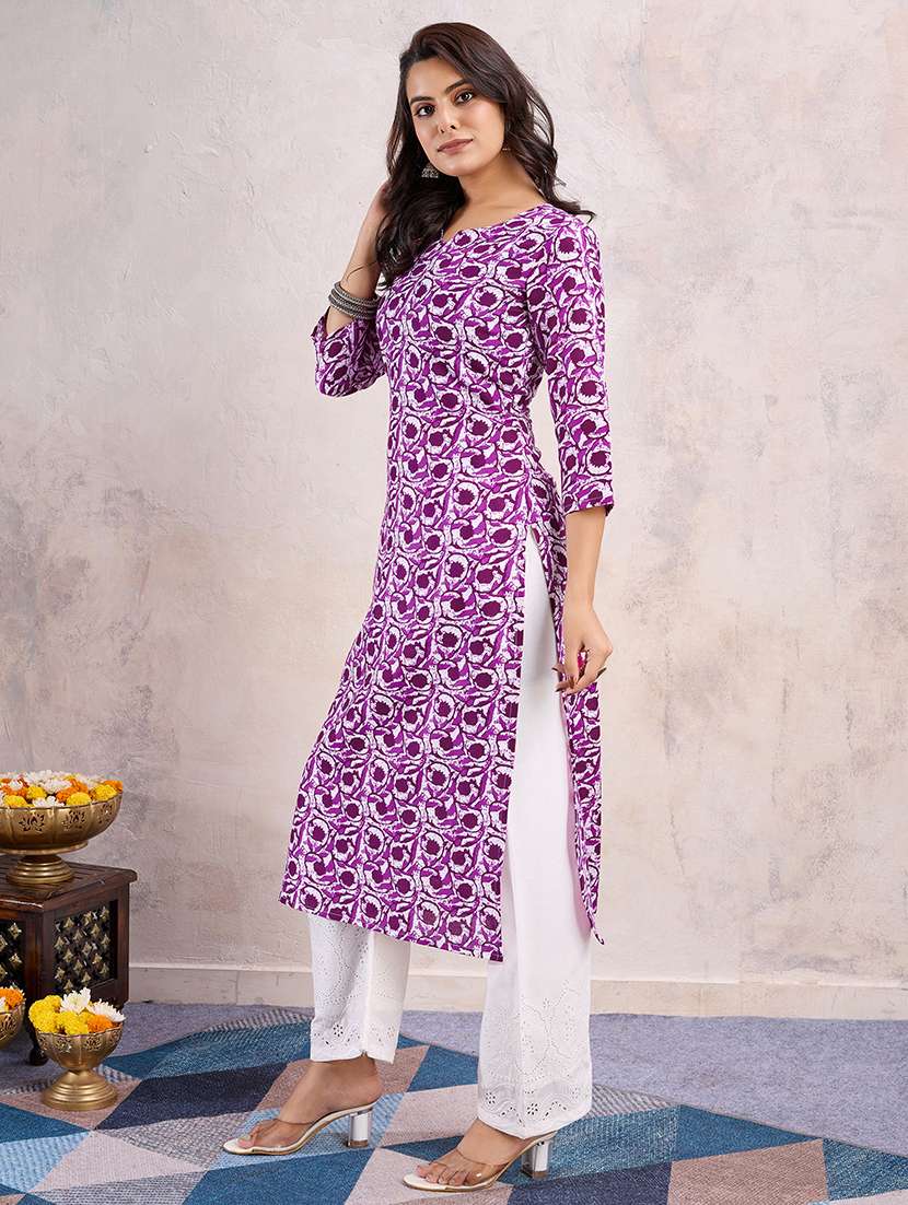 women purple three quarter sleeve straight kurta - 21683657 -  Standard Image - 1