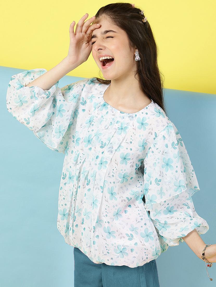 girl floral print ruffled sleeves blouson top - 21683780 - Standard Image - 1