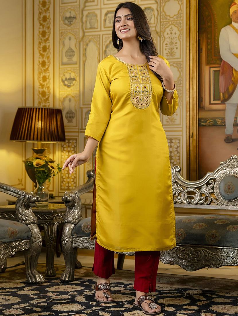 women embroidered three quarter sleeve straight kurta - 21683851 - Standard Image - 1