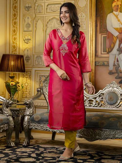 women embroidered three quarter sleeve straight kurta - 21683854 - Standard Image - 0