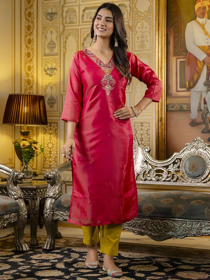women embroidered three quarter sleeve straight kurta - 21683854 - Standard Image - 1