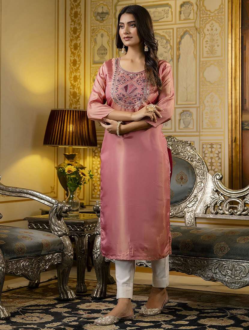 women embroidered three quarter sleeve straight kurta - 21683858 -  Standard Image - 1