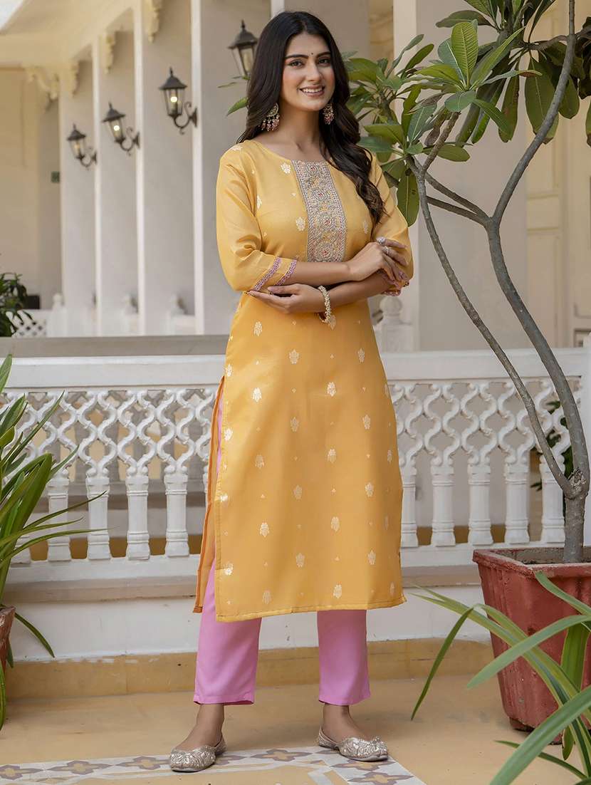 women embroidered three quarter sleeve straight kurta - 21683859 -  Standard Image - 1