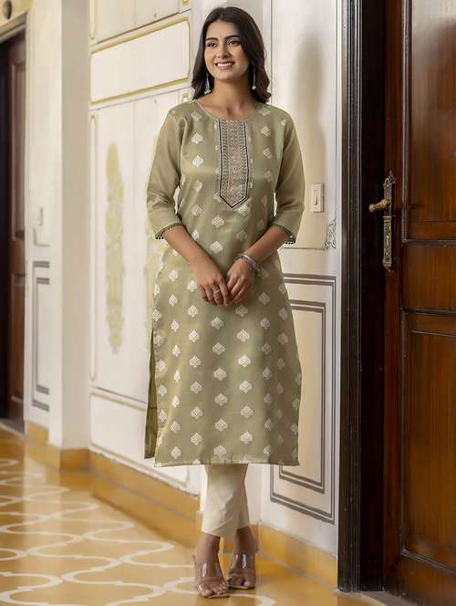 women embroidered three quarter sleeve straight kurta - 21683861 -  Standard Image - 0