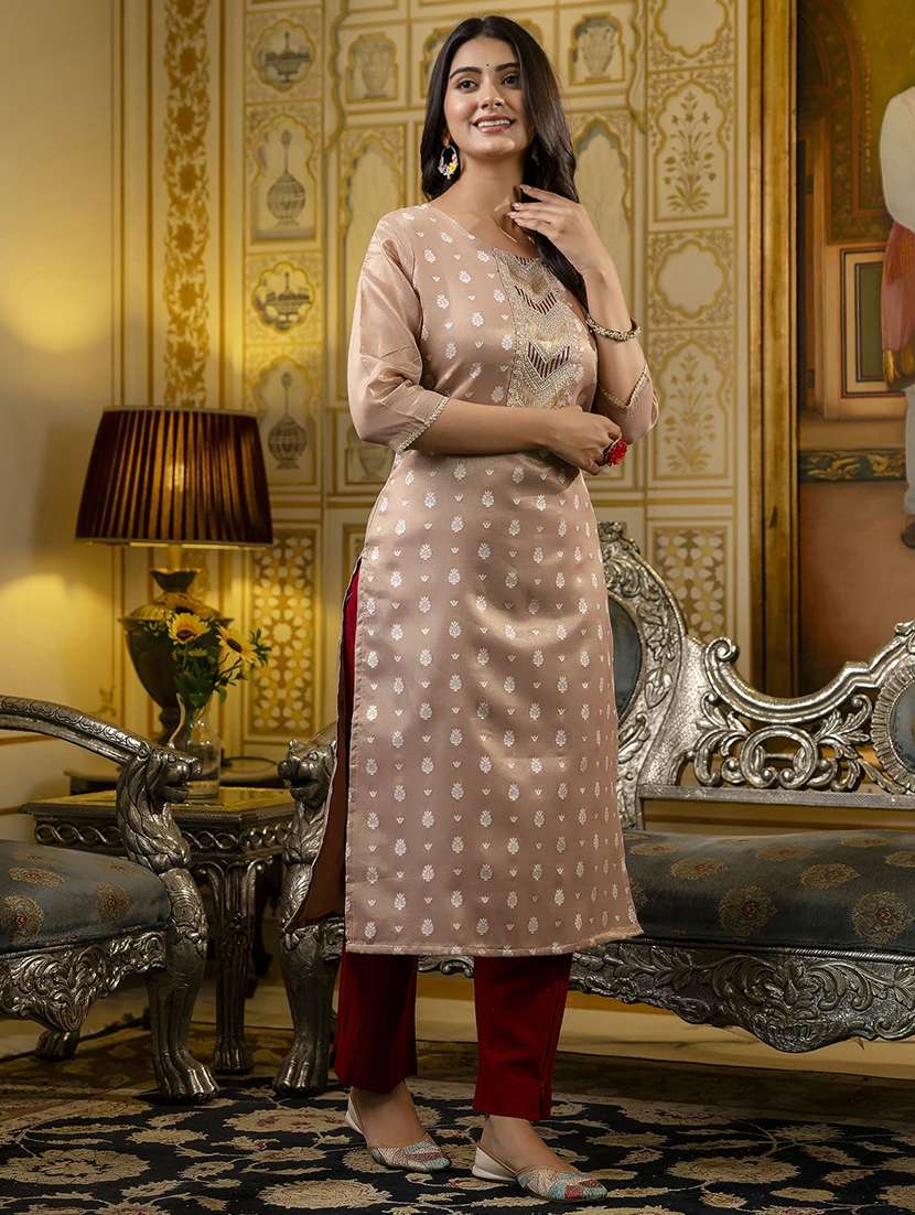 women embroidered three quarter sleeve straight kurta - 21683863 -  Standard Image - 1