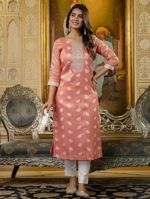 women embroidered three quarter sleeve straight kurta - 21683865 -  Standard Image - 0