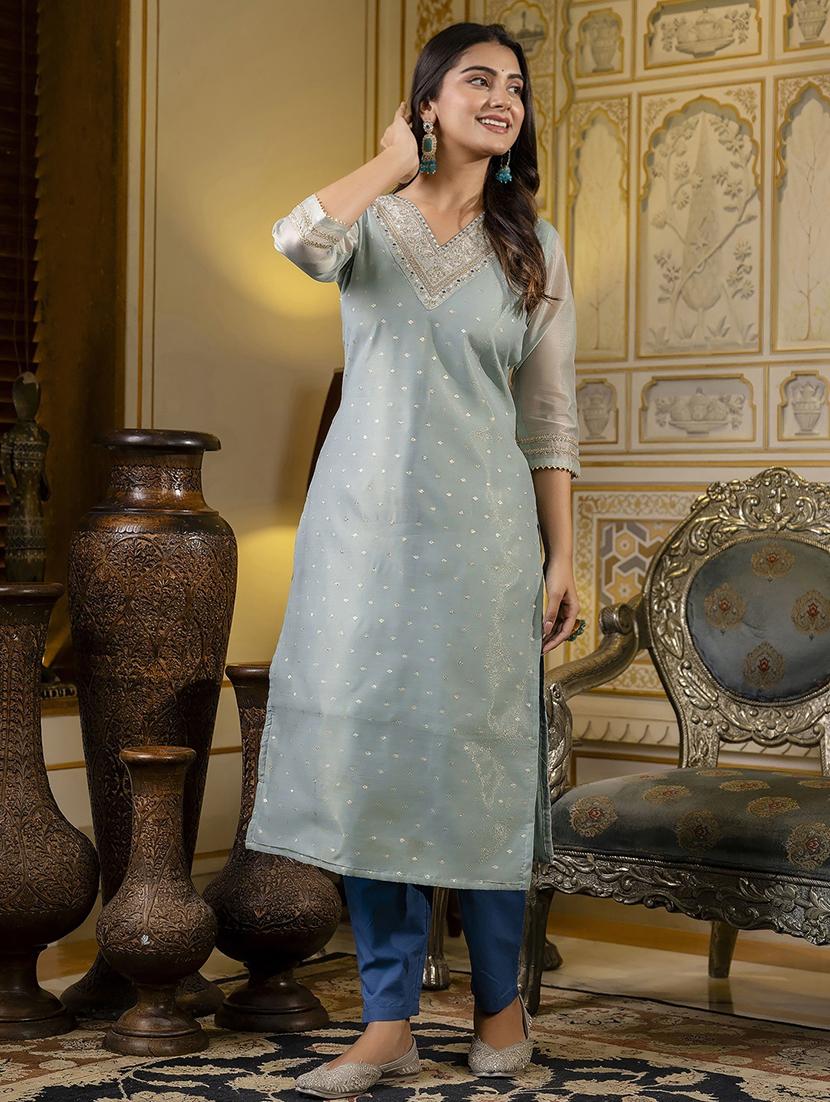 women embroidered three quarter sleeve straight kurta - 21683868 - Standard Image - 1