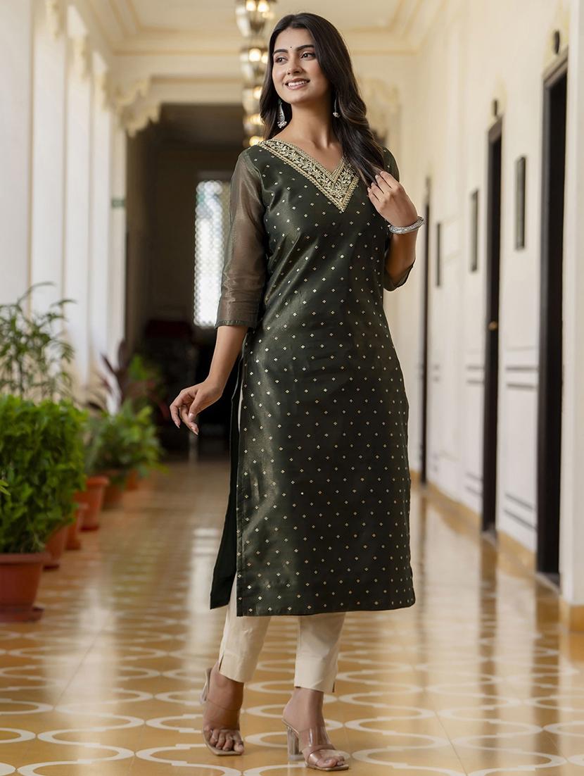 women embroidered three quarter sleeve straight kurta - 21683870 - Zoom Image - 0