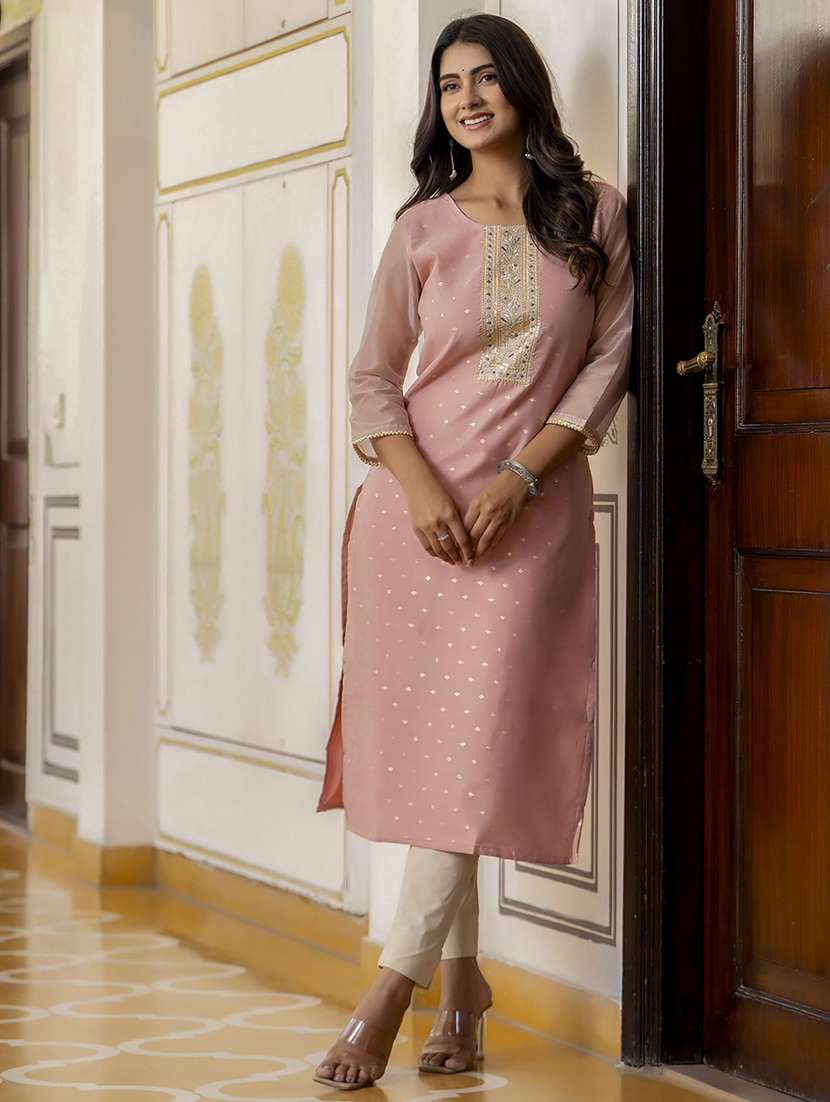 women embroidered three quarter sleeve straight kurta