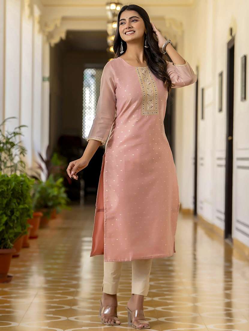 women embroidered three quarter sleeve straight kurta - 21683872 -  Standard Image - 1