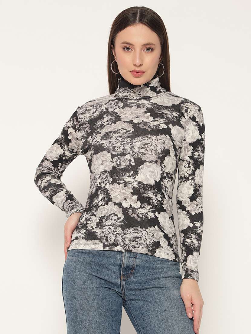 women floral print high neck long sleeves top