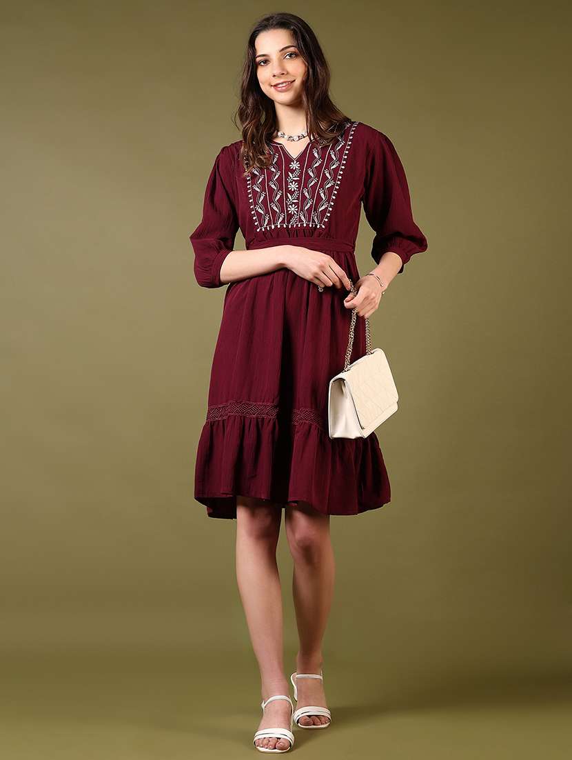 women embroidered puff sleeves tiered dress