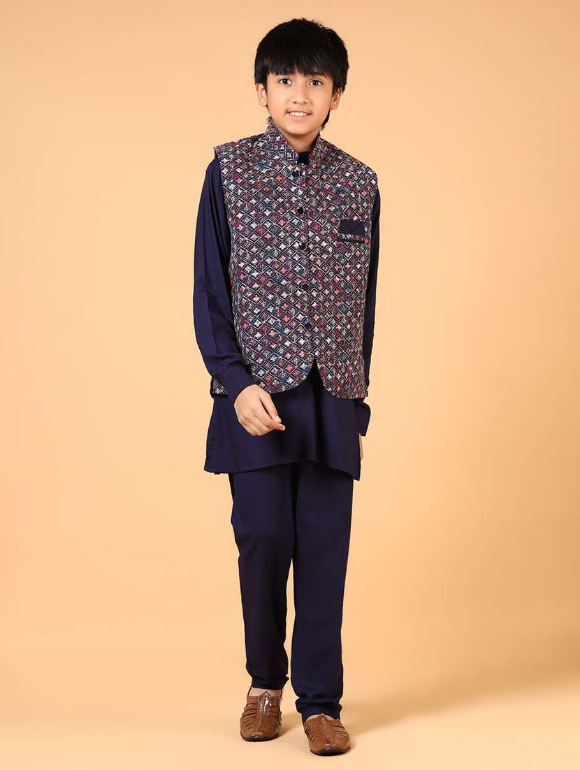 boys solid kurta pyjama with embroidered jacket - 21683983 -  Standard Image - 1