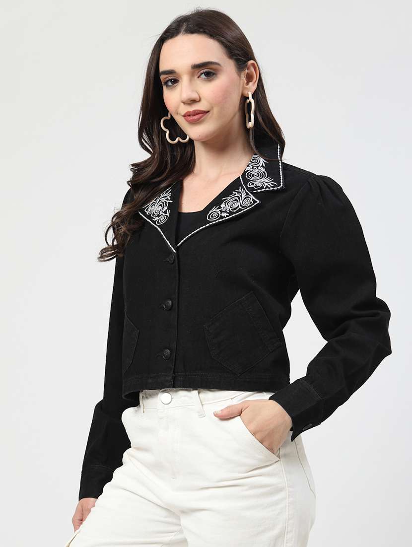women embroidered crop denim jacket - 21684112 -  Standard Image - 1